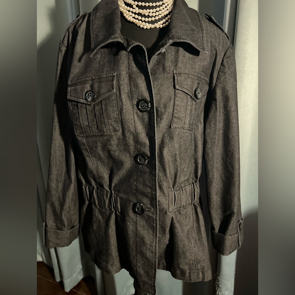 Larry Levine Black Denim Stretch Button-Front Blazer Coat L XL